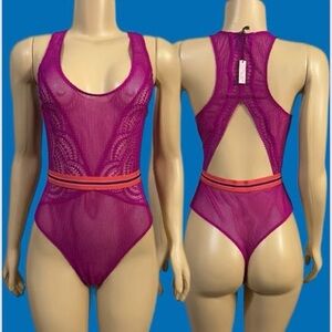 NWOT Purple Victoria Secret Lace Bodysuit with Red Stripe